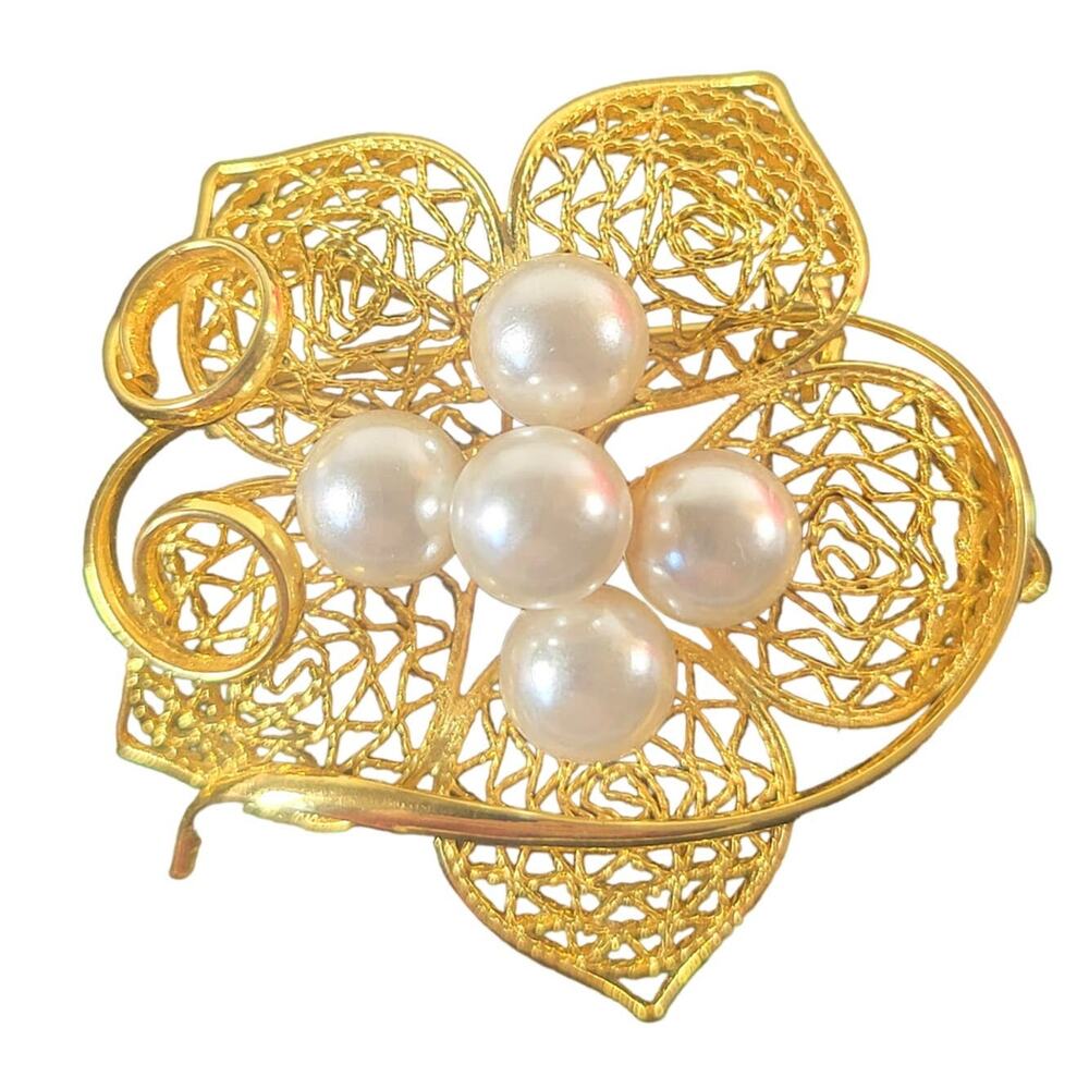 Gold Tone Filigree Flower Brooch w/ Faux Pearls